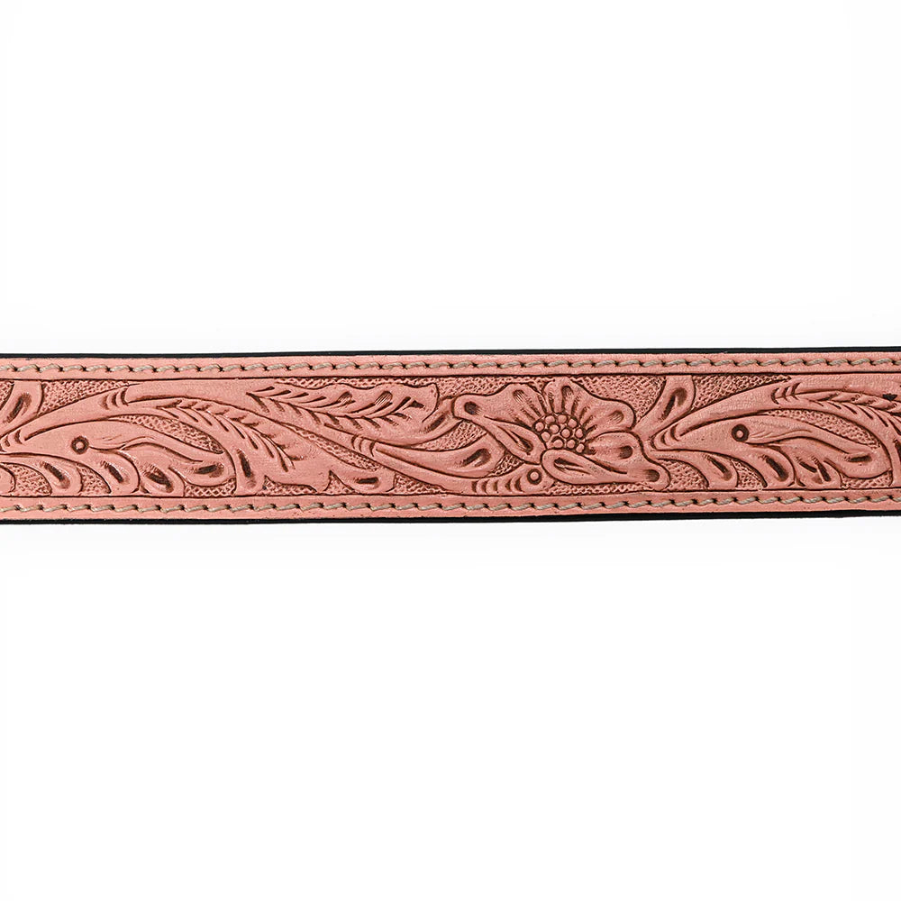 American Darling Hand-Tooled Pink Floral Western Leather Belt with Square Buckle
