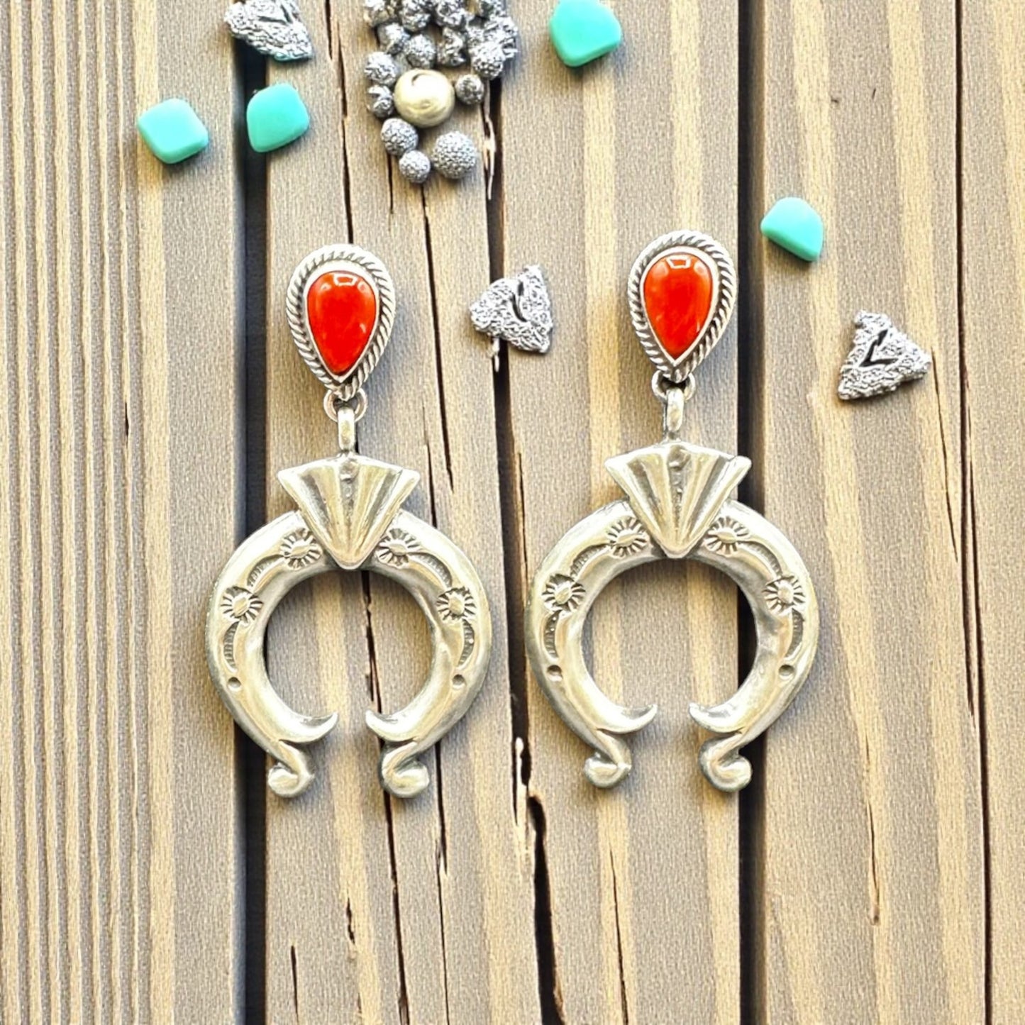 Sterling Silver Naja with Red Coral - Drop Earrings - Handcrafted Native American