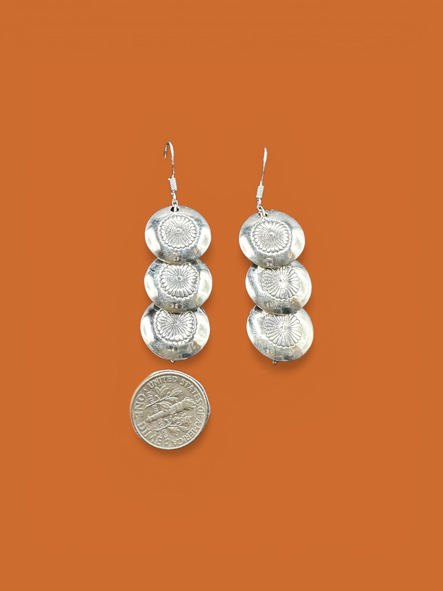 Medium Hook Dangle Earrings – Triple Disc Saucer Pearls - Authentic Native American Handmade - American Sterling Silver - Made in USA
