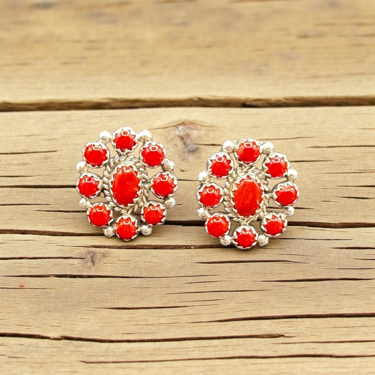 Cluster Red Coral and Sterling Silver - Stud Earrings - Handcrafted Native American