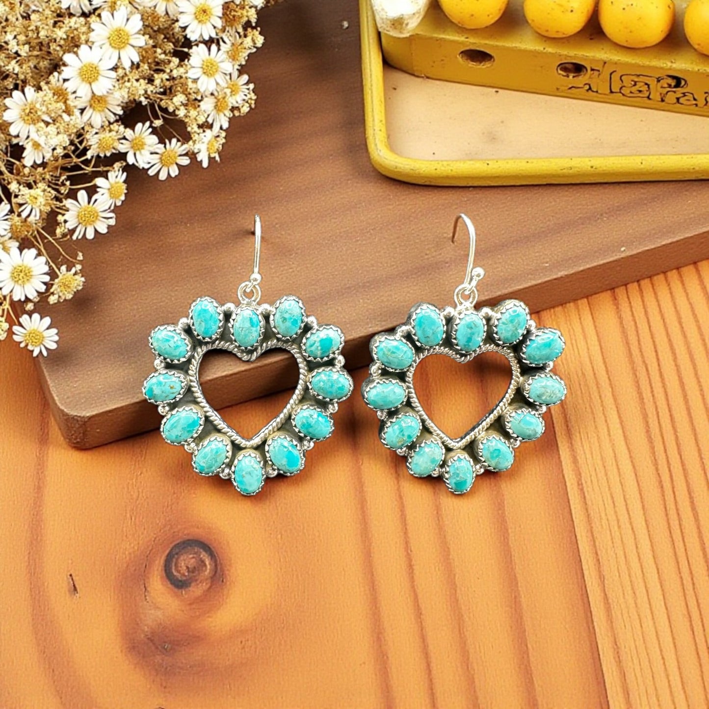 Hearts Turquoise and Sterling Silver Dangle - Stud Earrings - Handcrafted Native American