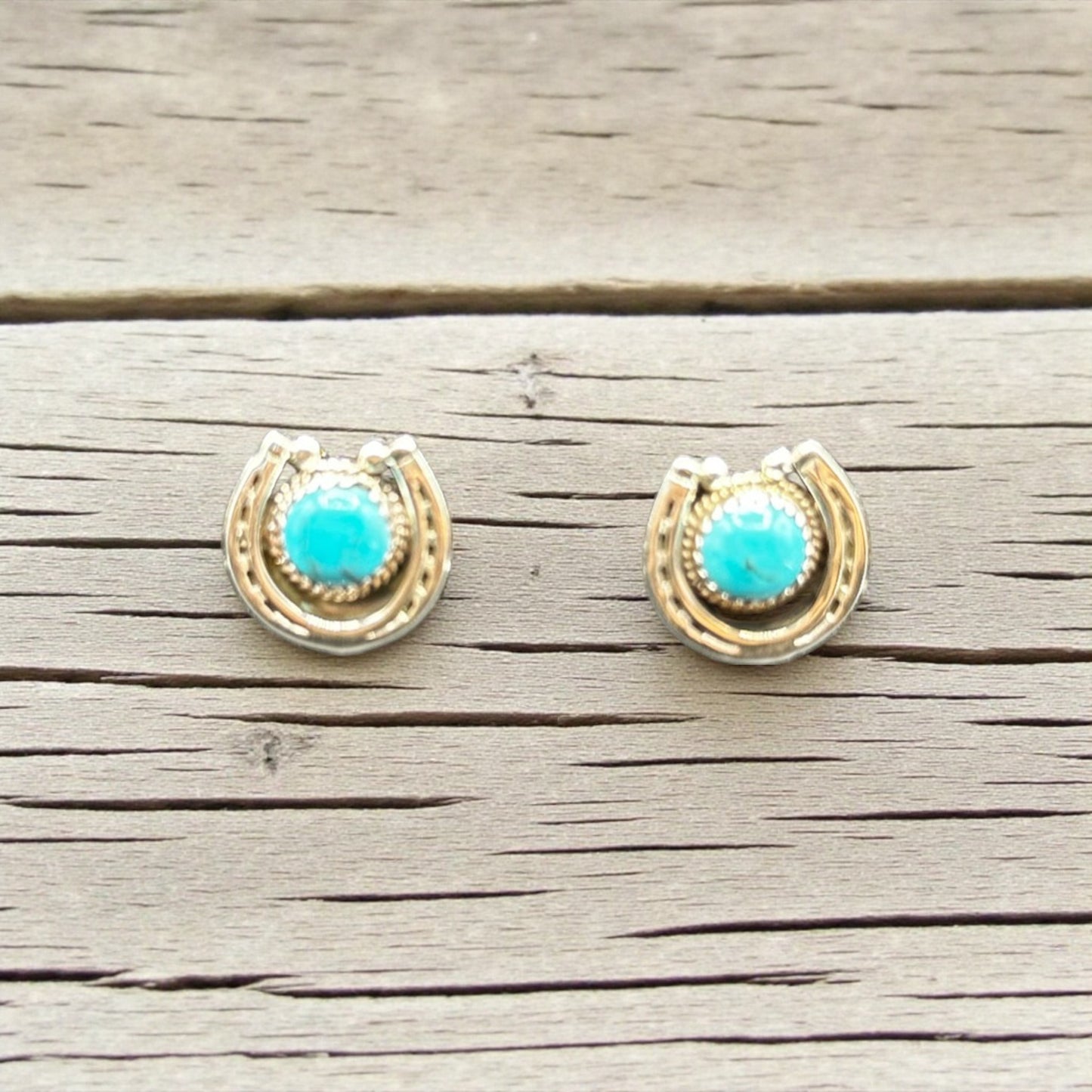 Horseshoe Turquoise and Sterling Silver - Stud Earrings - Handcrafted Native American
