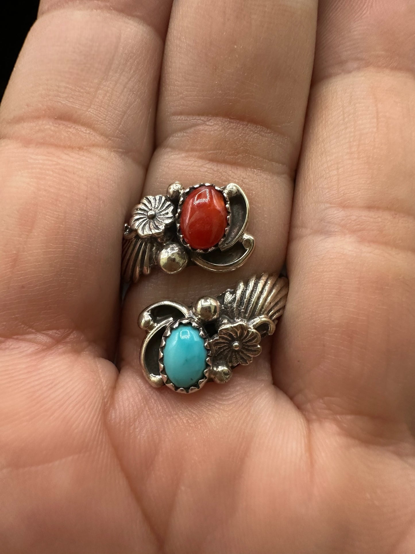 Small Leaf Cabochon Ring – Sterling Silver and Genuine Turquoise and Genuine Coral - Authentic Handmade Native American