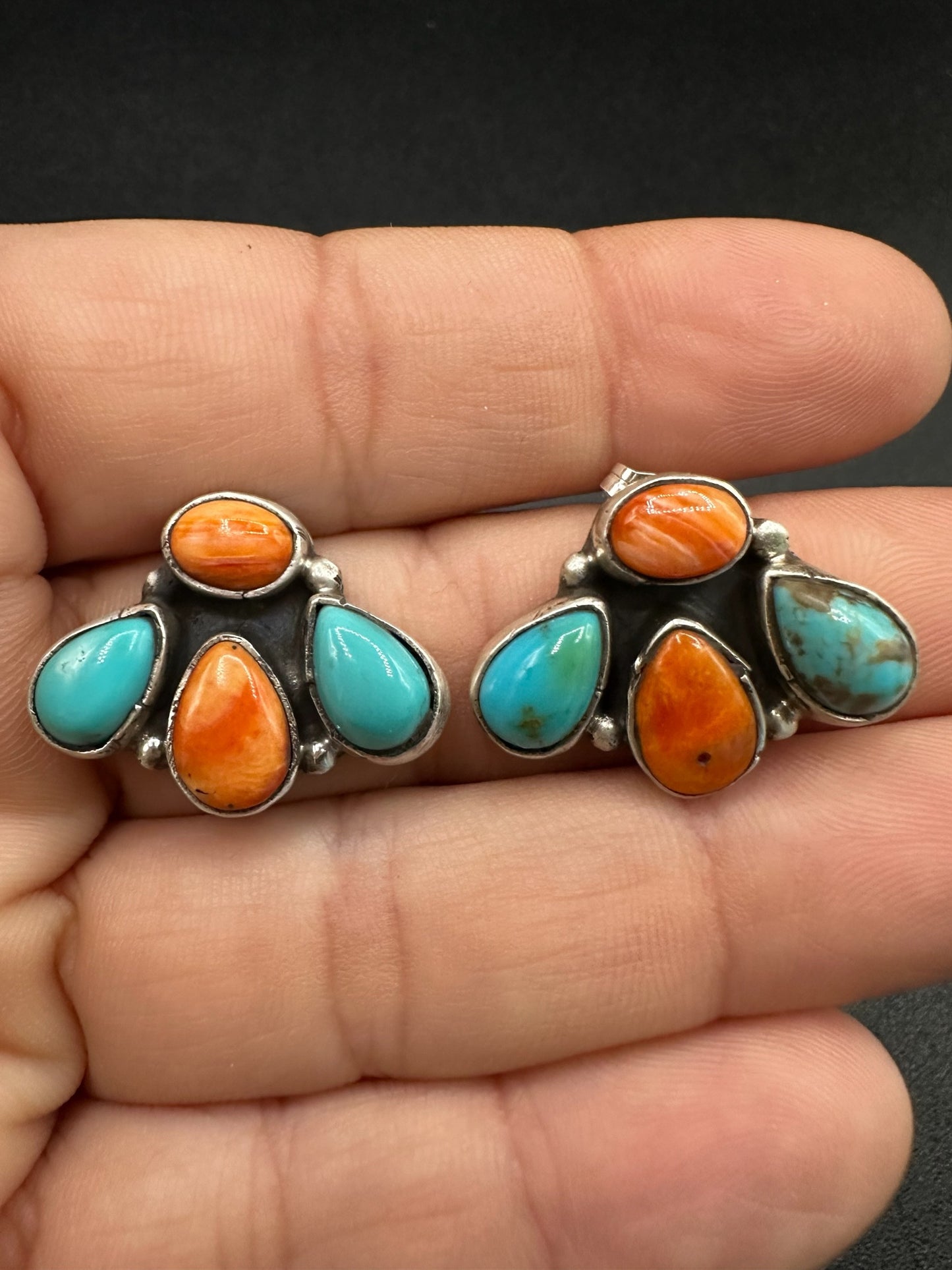 Medium Quarter Cluster Stud Earrings – Sterling Silver, Genuine Turquoise and Spiny Oyster - Authentic Native American Handmade – Marcella James - Made in USA