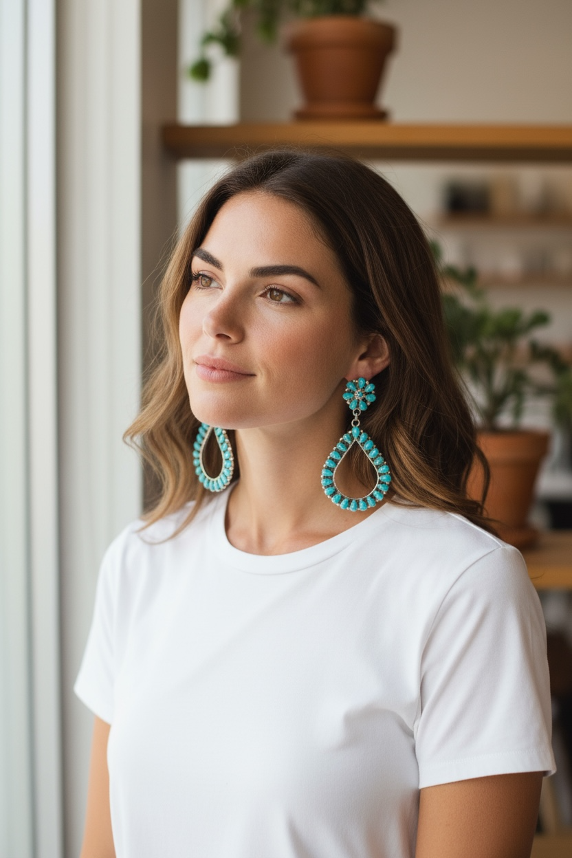 Turquoise and Sterling Silver Drop Earrings - Handcrafted Native America