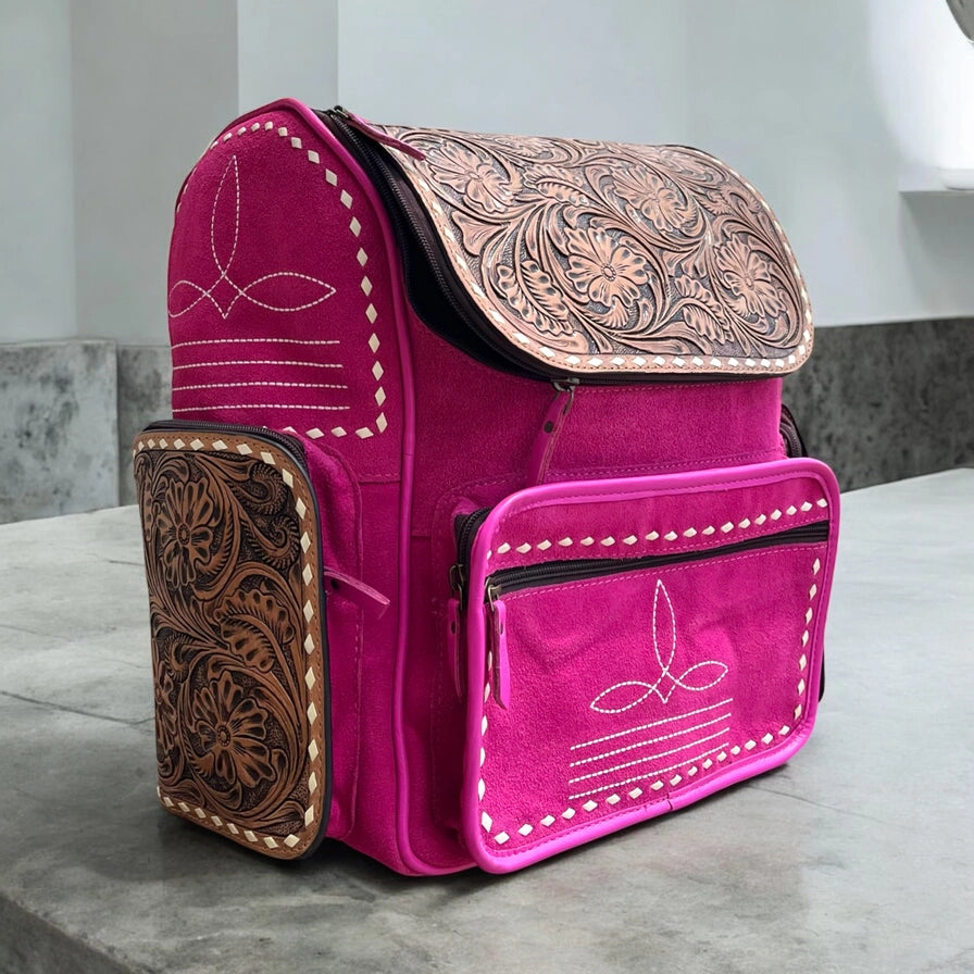 Western Linens - Pink Boot Stitch Suede and Hand Tooled Leather Backpack - Concealed Carry (CCW)