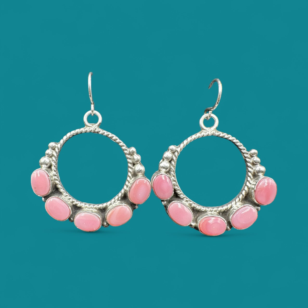 Ring - Queen Pink Shell and Sterling Silver - Hook Earrings - Marcella James - Handcrafted Native American