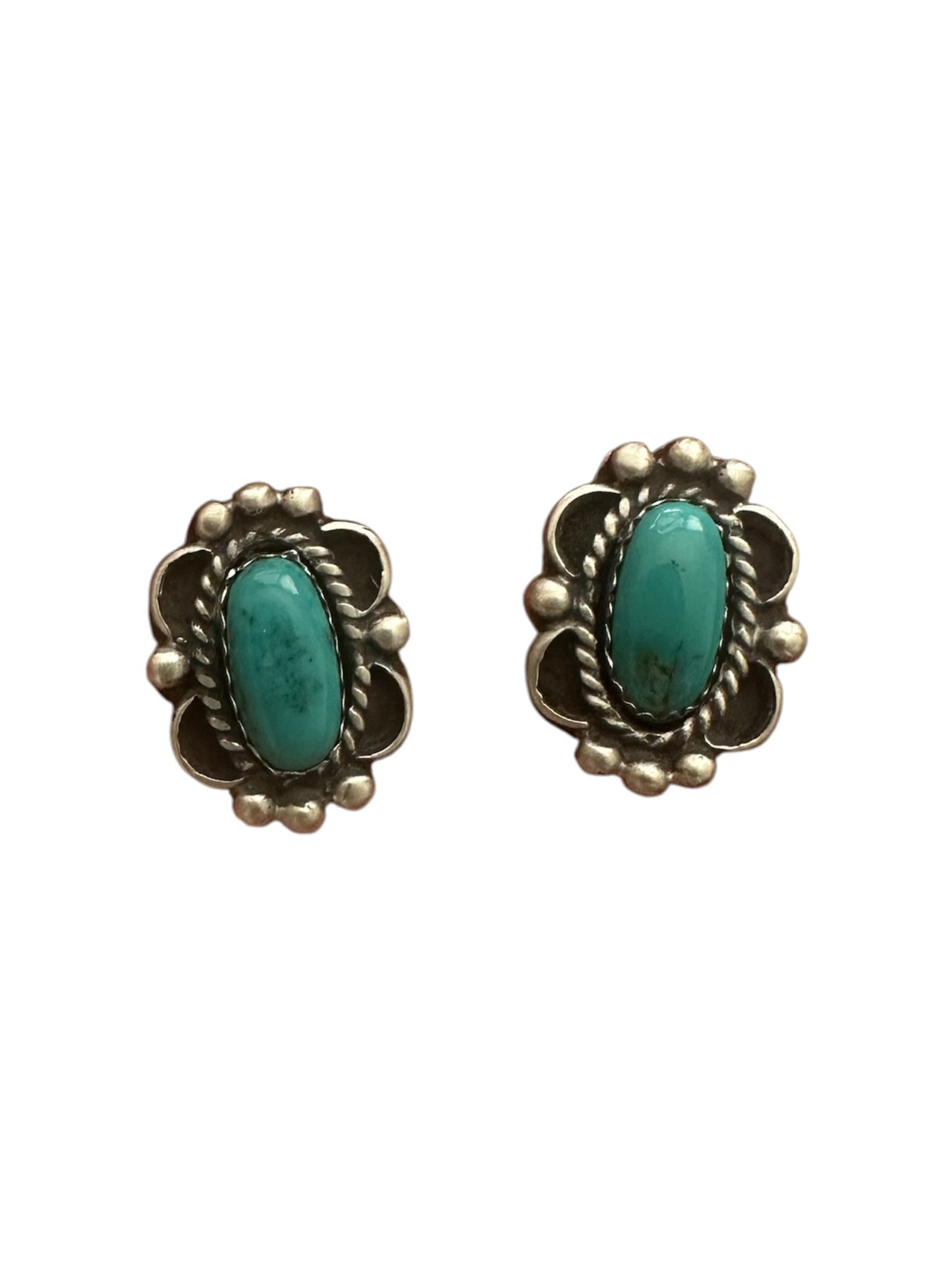 Medium Oval Cabochon Stud Earrings - Sterling Silver & Turquoise - Butterfly/Floral Design