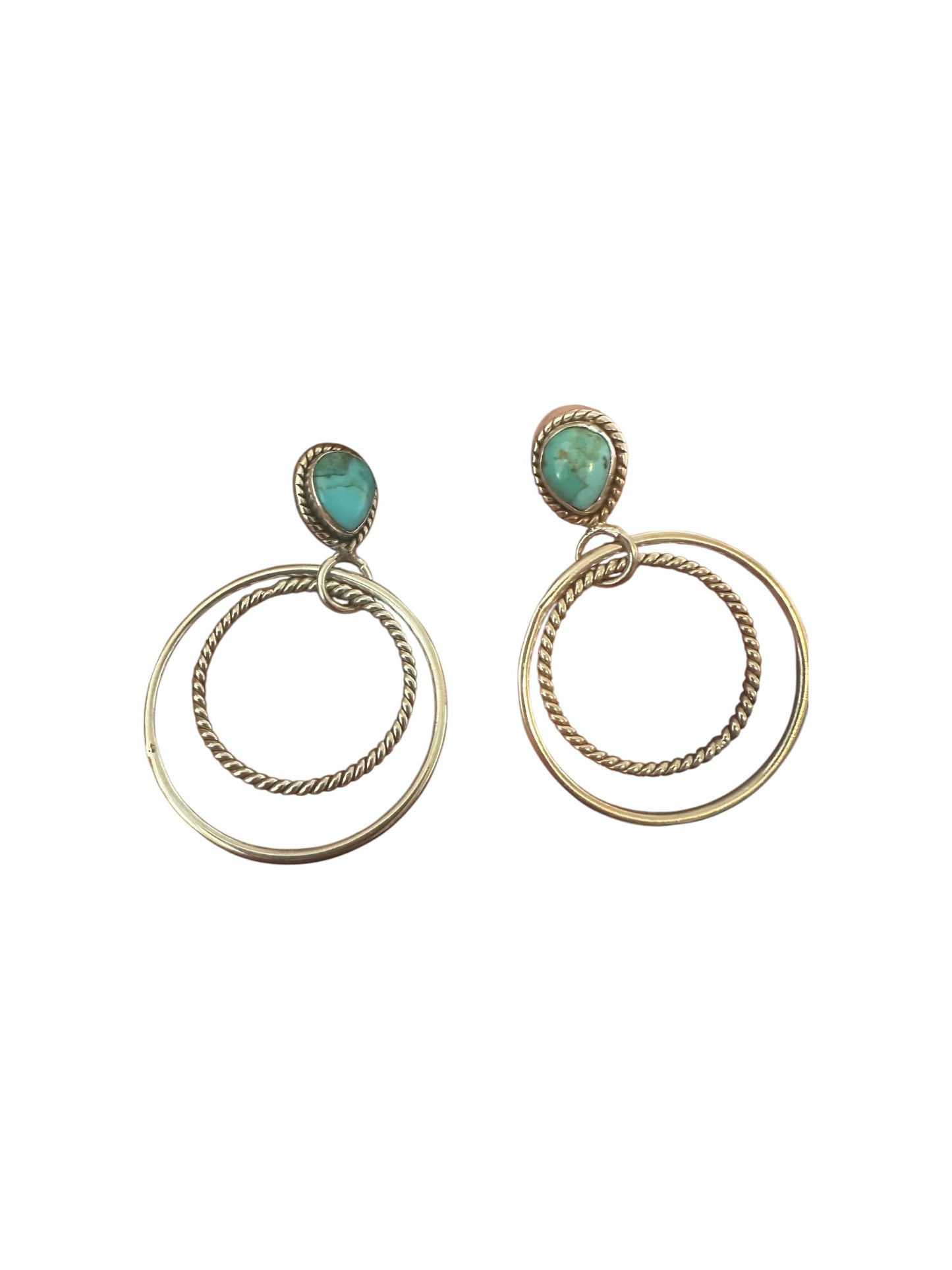 Drop Double Ring Earrings - Kingman Turquoise & Sterling Silver - Handcrafted Artisan