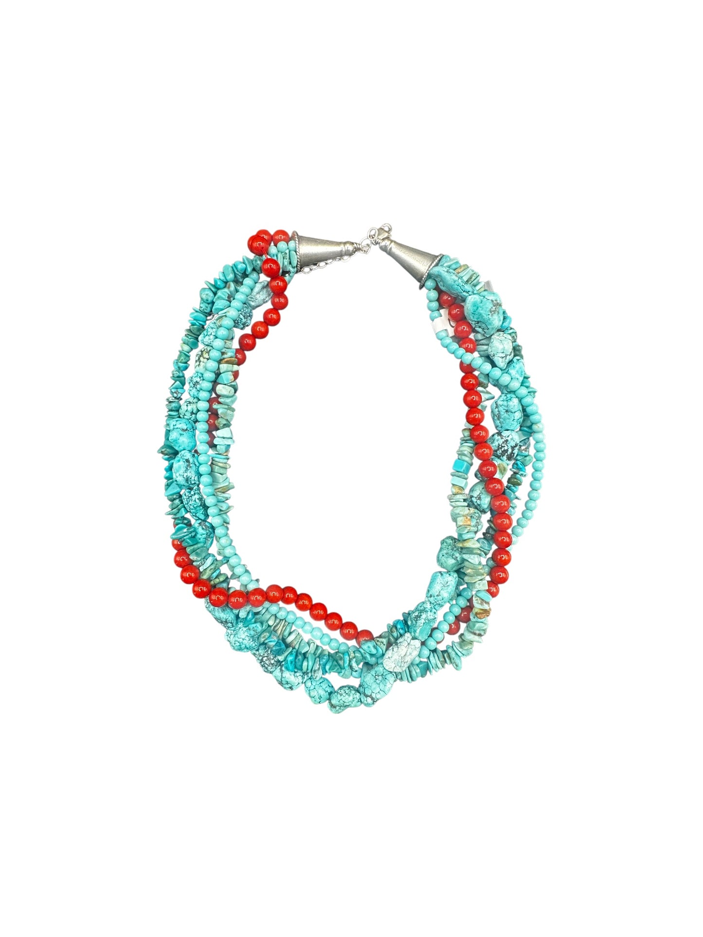 5 Strand Multi Color Necklace – Genuine Turquoise & Red Coral - Hand Strand Artisan Collection