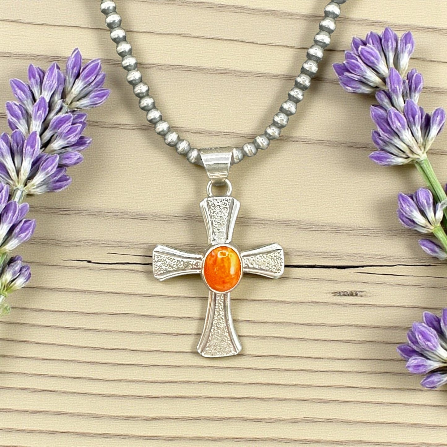 Holy Cross - Orange Spiny Oyster and Sterling Silver Pendant - Handcrafted Native American