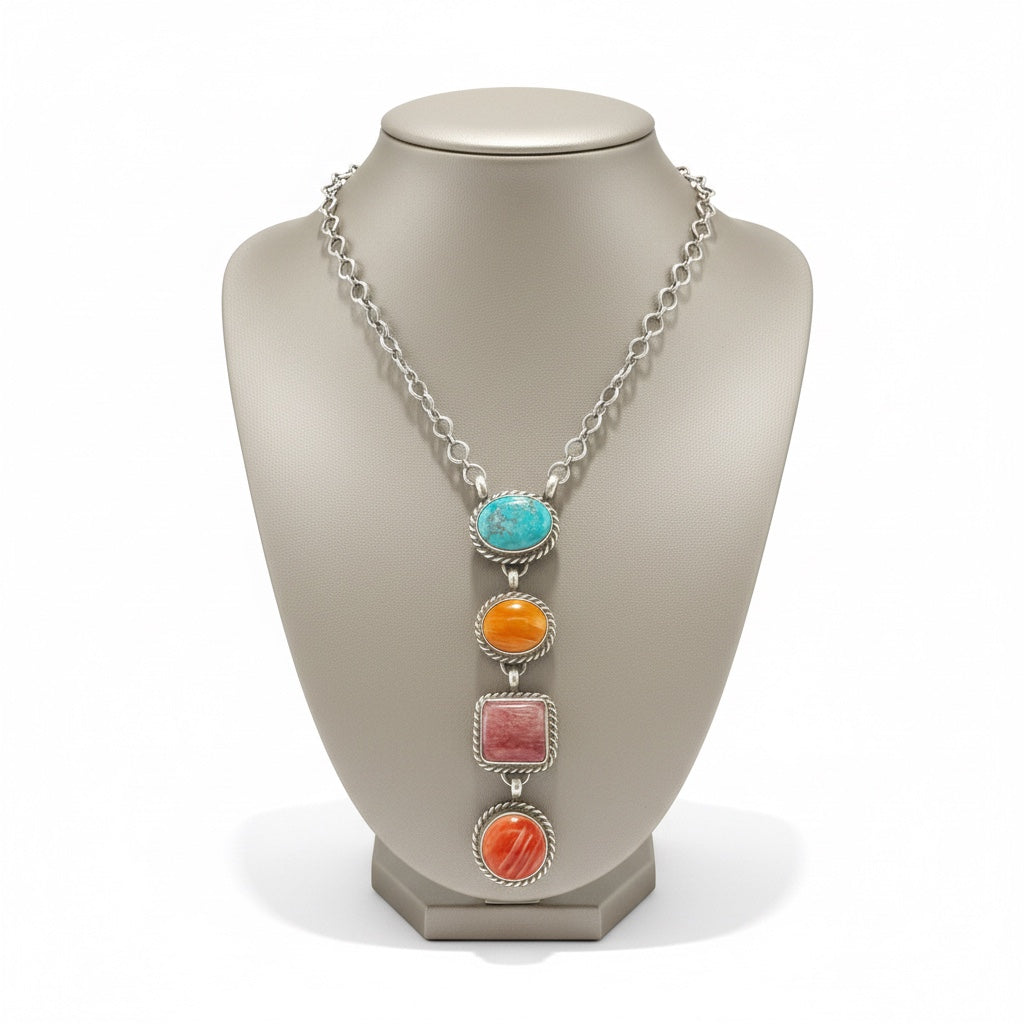 Medium Lariat Necklace – Multi Stone and Sterling Silver -  Authentic Native American Handmade – Letricia Largo