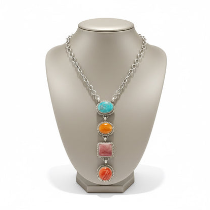 Medium Lariat Necklace – Multi Stone and Sterling Silver -  Authentic Native American Handmade – Letricia Largo
