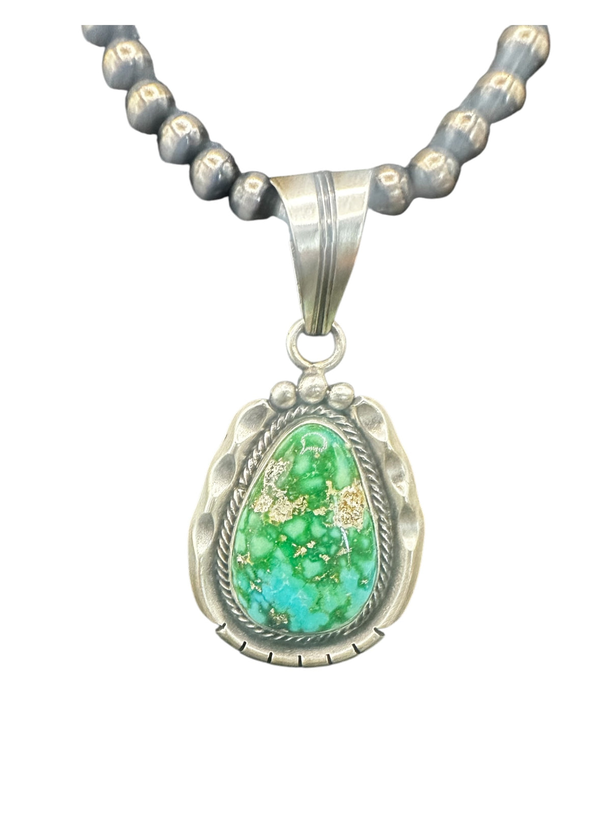 Steve Yellowhorse Teardrop Pendant – Genuine Turquoise and Sterling Silver - Handmade Native American (B)