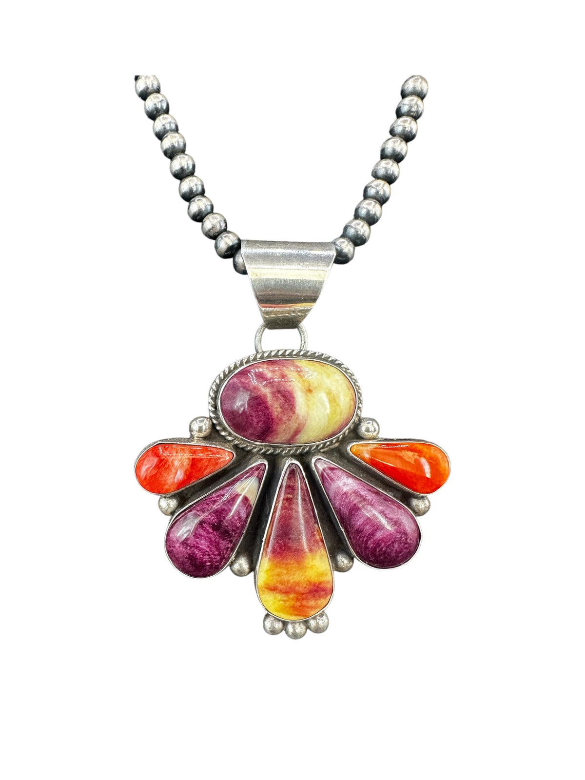 Larry Yazzie - Large Half Cluster Pendant – Genuine Spiny Oyster and Sterling Silver - Handmade Native American