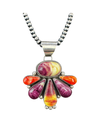 Larry Yazzie - Large Half Cluster Pendant – Genuine Spiny Oyster and Sterling Silver - Handmade Native American