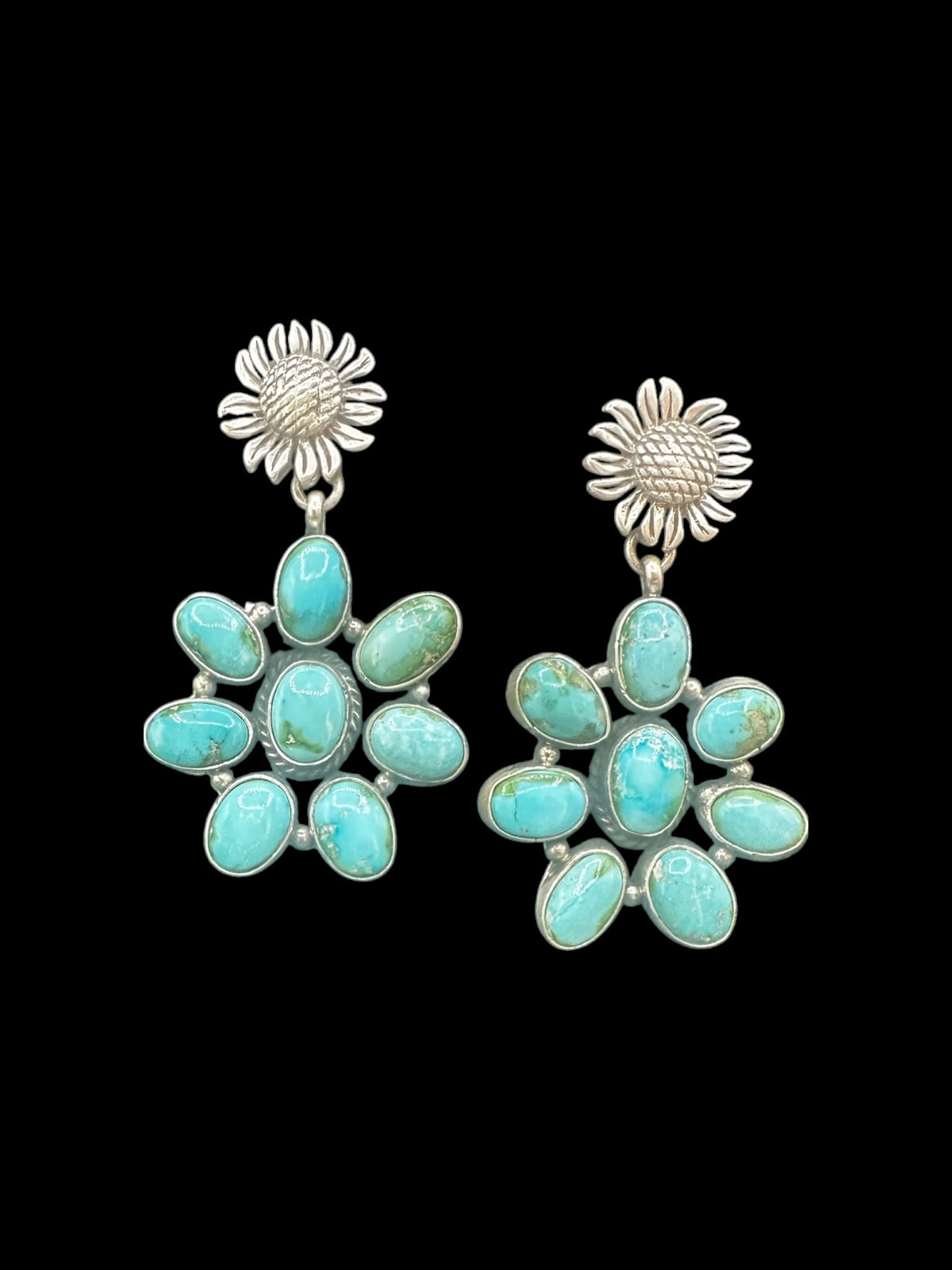 Patricia Yazzie - Large Cluster Drop Earrings – Genuine Sonoran Turquoise and Sterling Silver - Handmade Native American