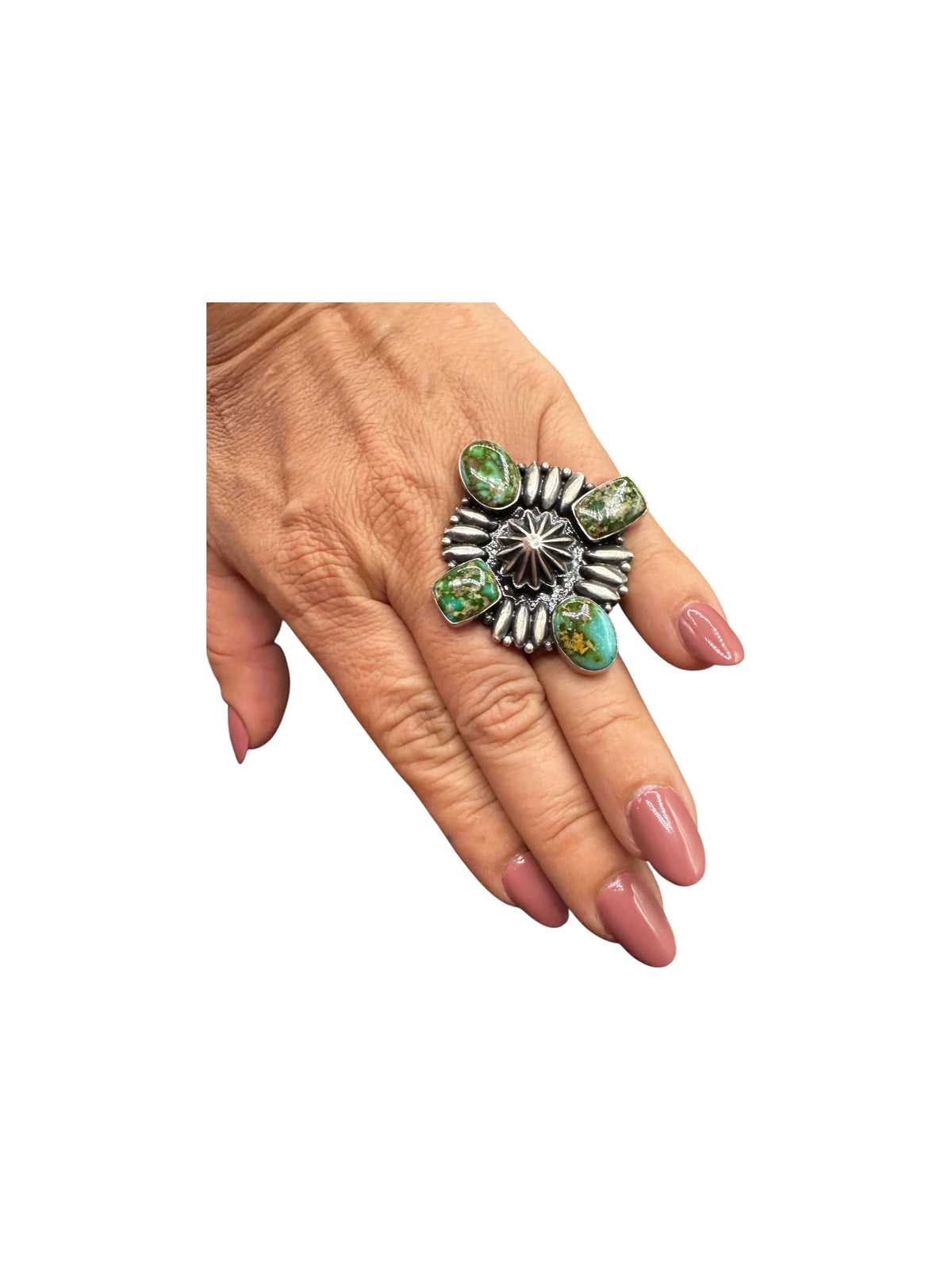 Charles Johnson - Genuine Turquoise and Sterling Silver Adjustable Concho Ring - Handmade Native American