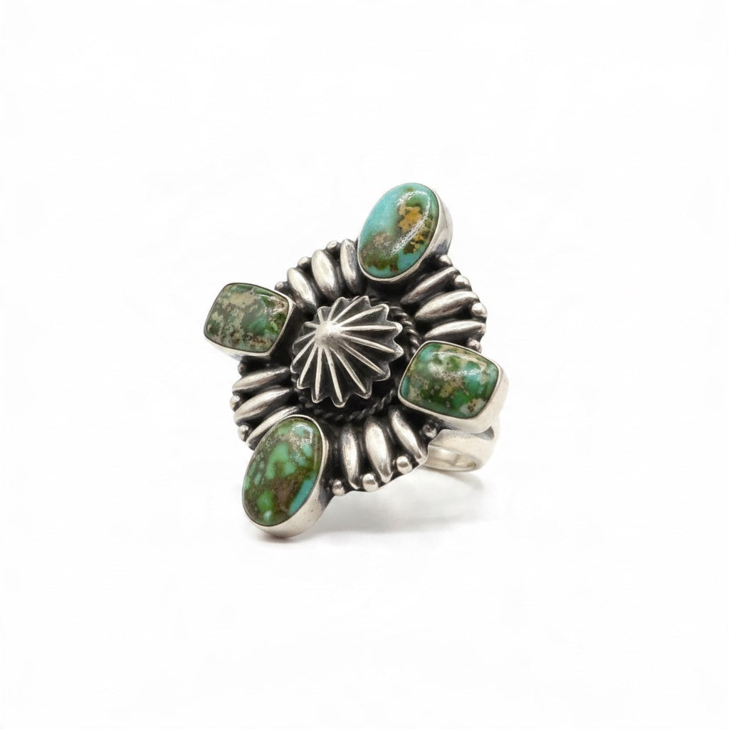 Charles Johnson - Genuine Turquoise and Sterling Silver Adjustable Concho Ring - Handmade Native American