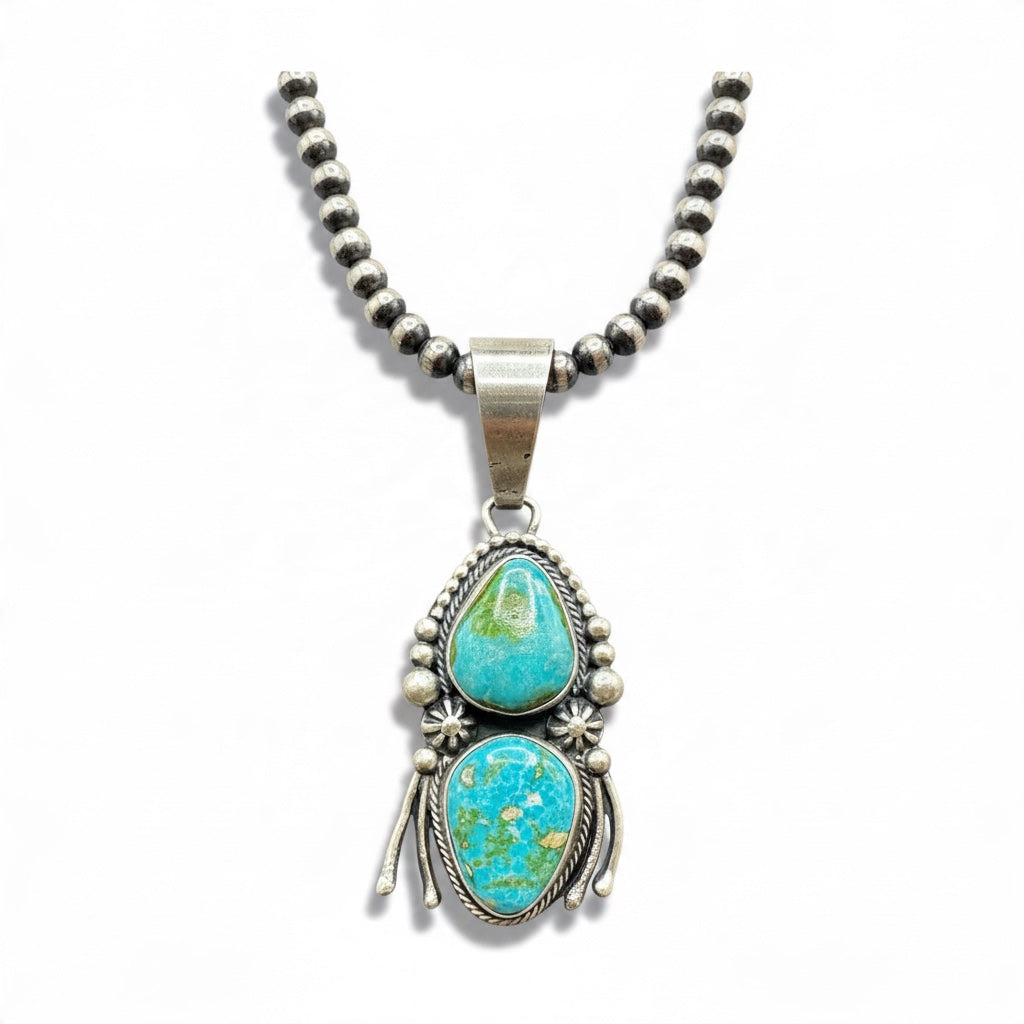 Marco Begay Double Teardrop Pendant – Genuine Sonoran Turquoise and Sterling Silver - Handmade Native American
