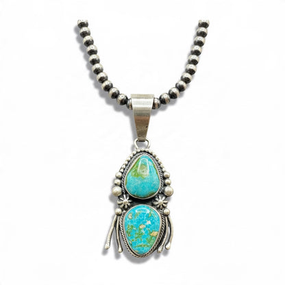 Marco Begay Double Teardrop Pendant – Genuine Sonoran Turquoise and Sterling Silver - Handmade Native American
