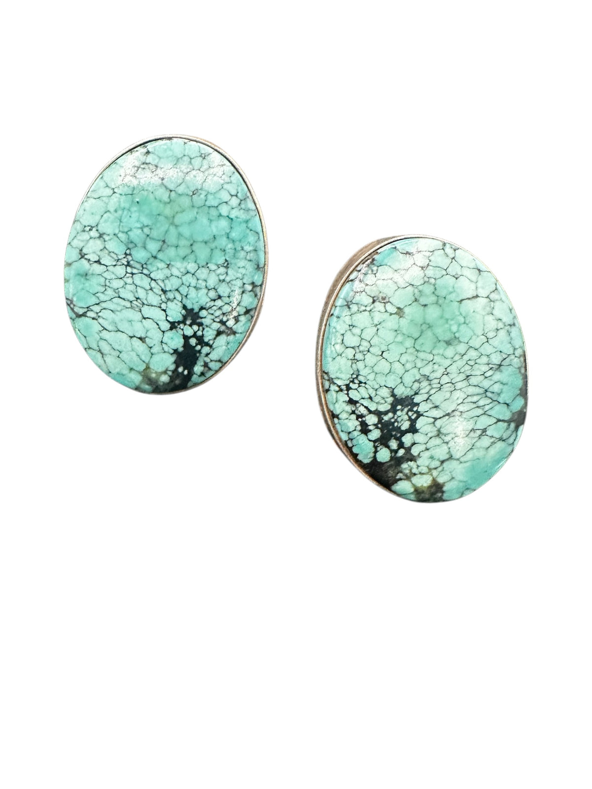 Len Adakai - Oval Cabochon Earrings - Genuine Turquoise Sterling Silver - Handmade Native American