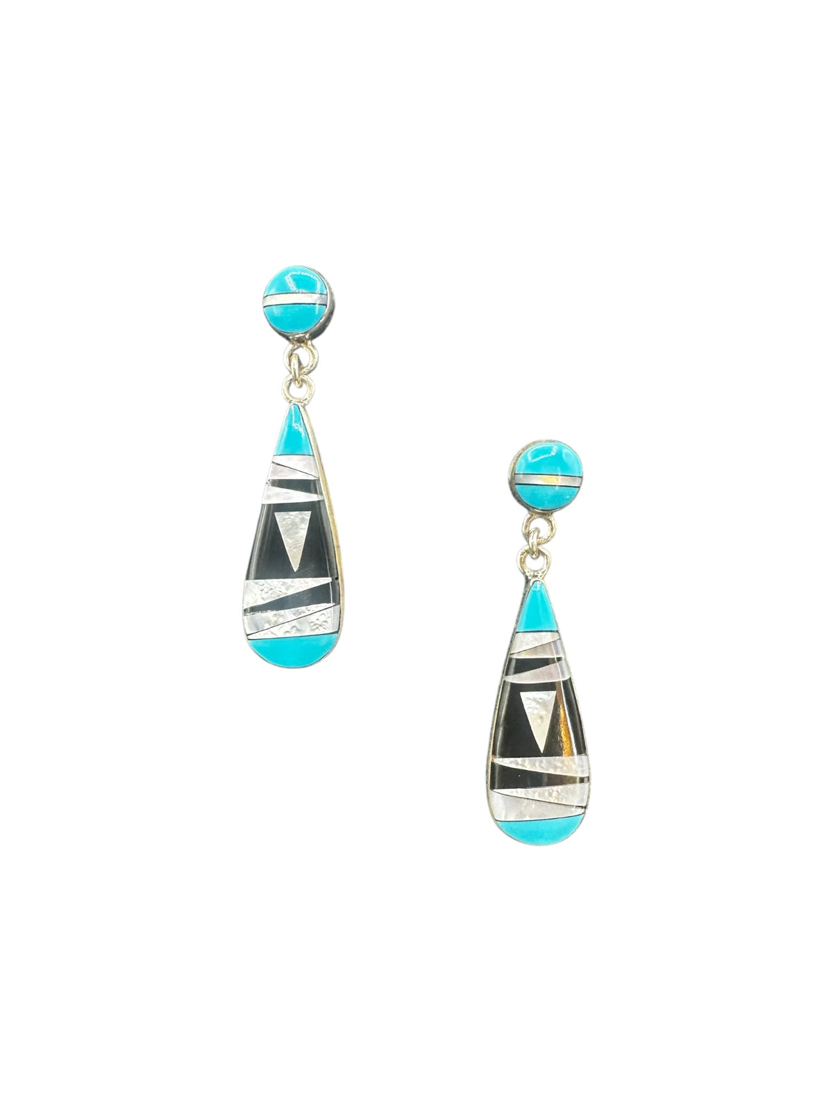Zuni Inlay Drop Earrings - Sterling Silver, Genuine Turquoise, Mother of Pearl, Black Onyx- Artisan Collection