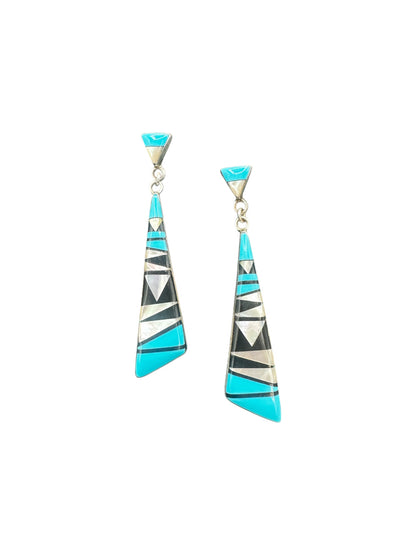 Zuni Inlay Drop Earrings - Sterling Silver, Genuine Turquoise, Mother of Pearl, Black Onyx- Artisan Collection