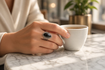 Sterling Silver and Genuine Black Onyx Cabochon Ring - Ready Made