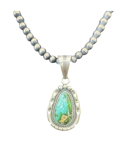 Steve Yellowhorse Teardrop Pendant – Genuine Turquoise and Sterling Silver - Handmade Native American (B)