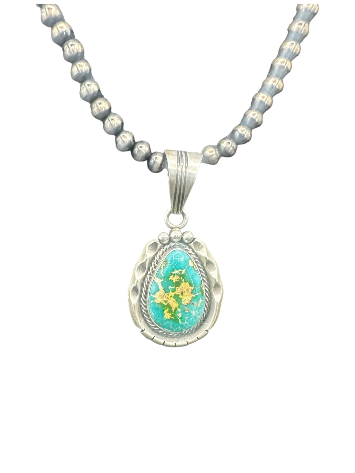 Steve Yellowhorse Teardrop Pendant – Genuine Turquoise and Sterling Silver - Handmade Native American (B)