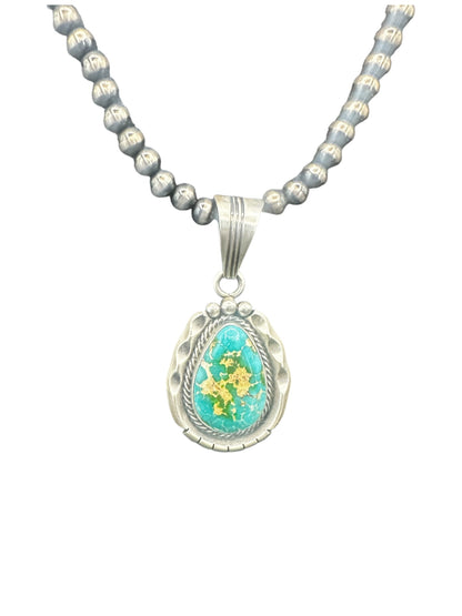 Steve Yellowhorse Teardrop Pendant – Genuine Turquoise and Sterling Silver - Handmade Native American (B)