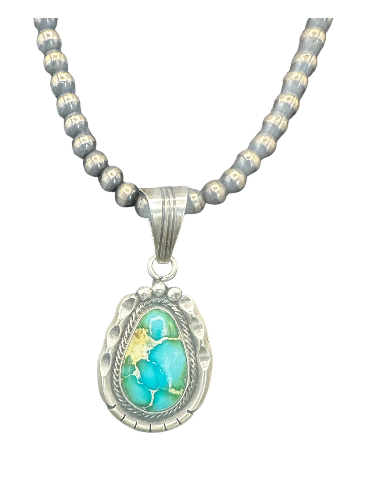 Steve Yellowhorse Teardrop Pendant – Genuine Turquoise and Sterling Silver - Handmade Native American (B)