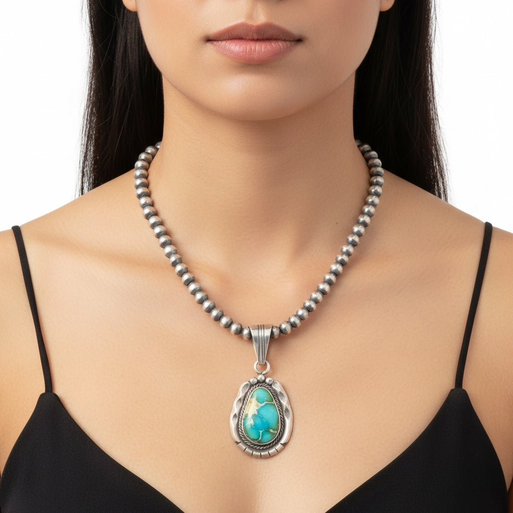Steve Yellowhorse Teardrop Pendant – Genuine Turquoise and Sterling Silver - Handmade Native American (B)