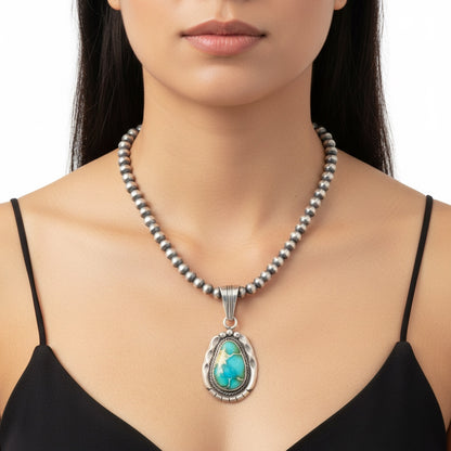 Steve Yellowhorse Teardrop Pendant – Genuine Turquoise and Sterling Silver - Handmade Native American (B)