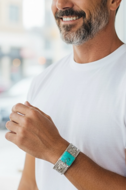 Men's Kingman Turquoise and Sterling Silver Cuff - Handcrafted Native American