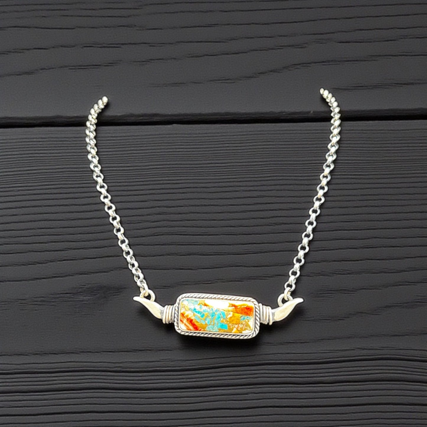 Spiny Oyster Turquoise and Sterling Silver Longhorn Bar Necklace - Handcrafted Native American