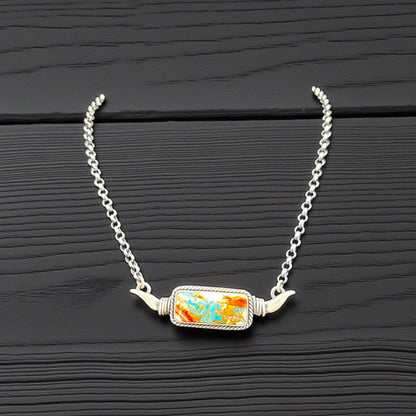Spiny Oyster Turquoise and Sterling Silver Longhorn Bar Necklace - Handcrafted Native American