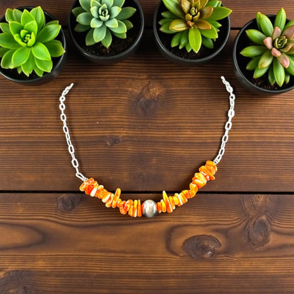 Silver Plated Paper Clip Chain with Orange Spiny Oyster Chips