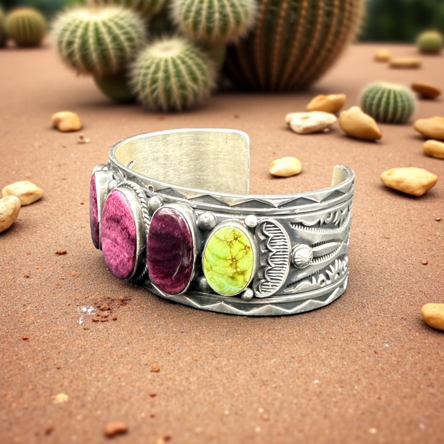 Women's Cuff made of Sonoran Turquoise, Purple Spiny, and Sterling Silver - Handcrafted Native American