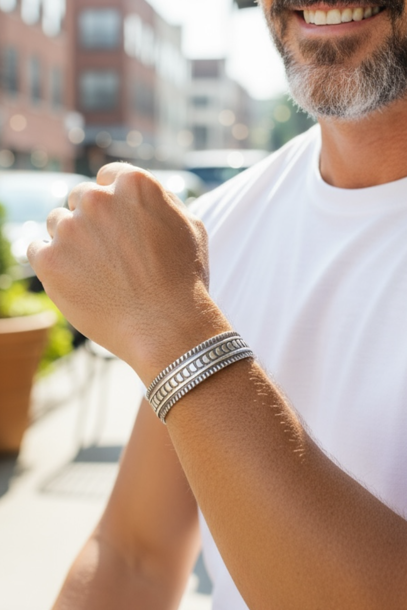 Men's Hand Stamped Sterling Silver Wide Cuff - Handcrafted Native American