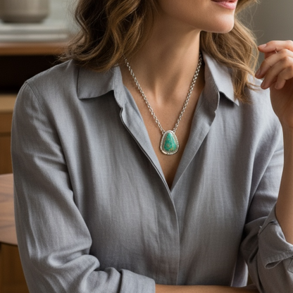 Royston Turquoise and Sterling Silver Chain Necklace and Pendant - Handcrafted Native American