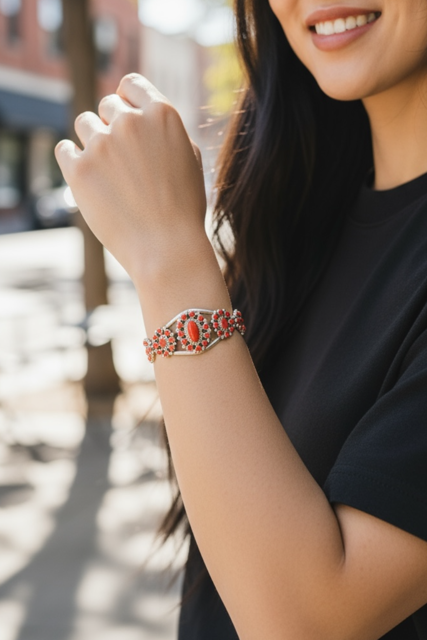 Women's Red Coral and Sterling Silver Cuff - Handcrafted Native American