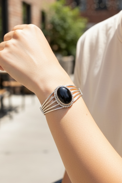 Women's Black Onyx and Sterling Silver Cuff - Handcrafted Native American