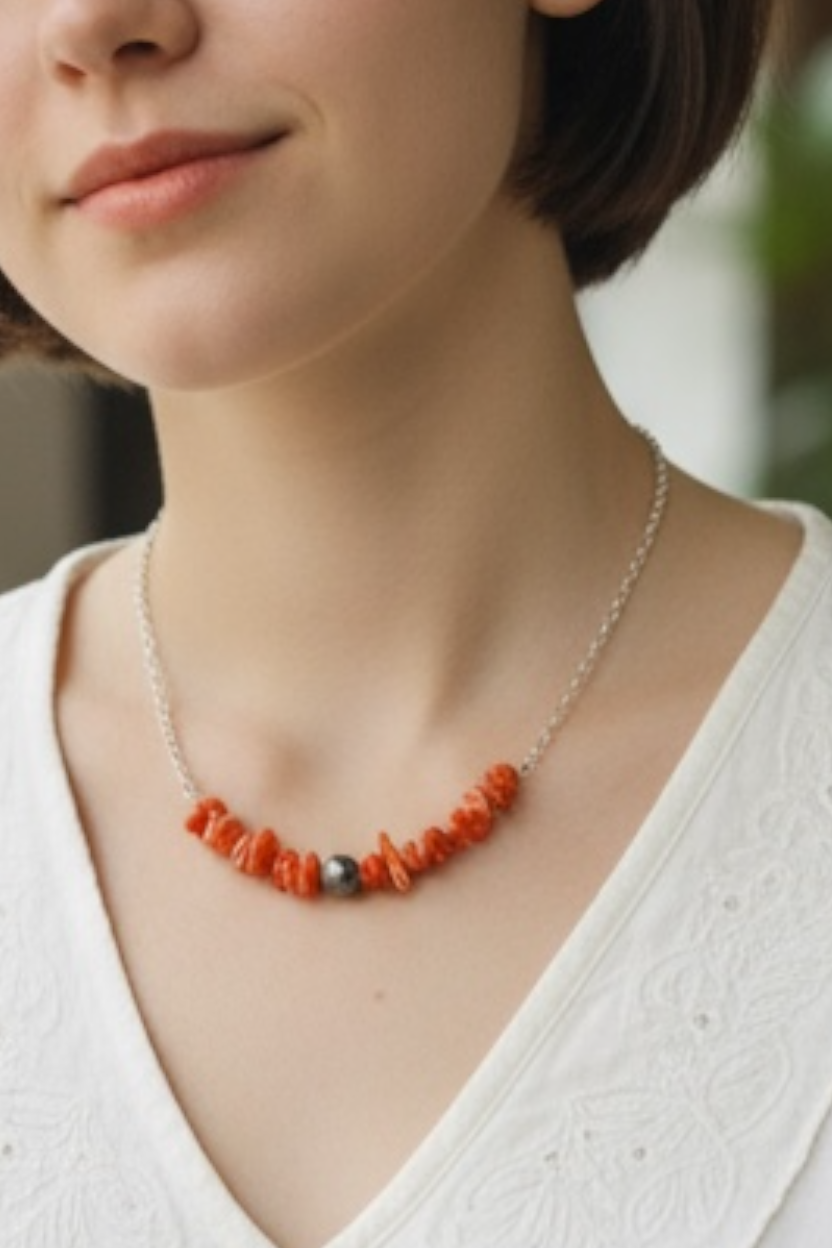 Silver Plated Paper Clip Chain with Orange Spiny Oyster Chips