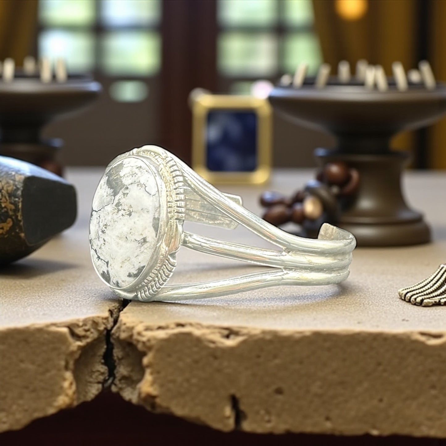 Women's White Buffalo and Sterling Silver Cuff - Handcrafted Native American