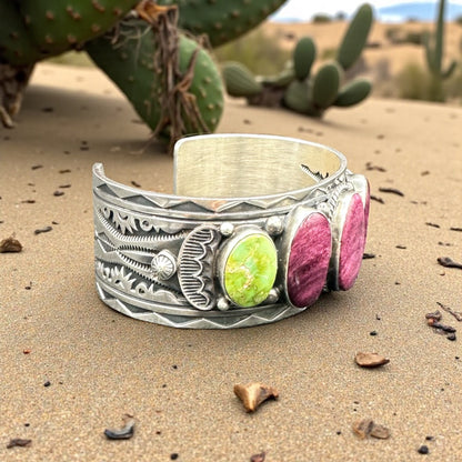 Women's Cuff made of Sonoran Turquoise, Purple Spiny, and Sterling Silver - Handcrafted Native American
