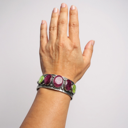 Women's Cuff made of Sonoran Turquoise, Purple Spiny, and Sterling Silver - Handcrafted Native American