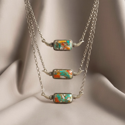 Spiny Oyster Turquoise and Sterling Silver Longhorn Bar Necklace - Handcrafted Native American