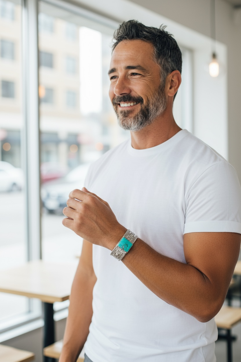 Men's Kingman Turquoise and Sterling Silver Cuff - Handcrafted Native American